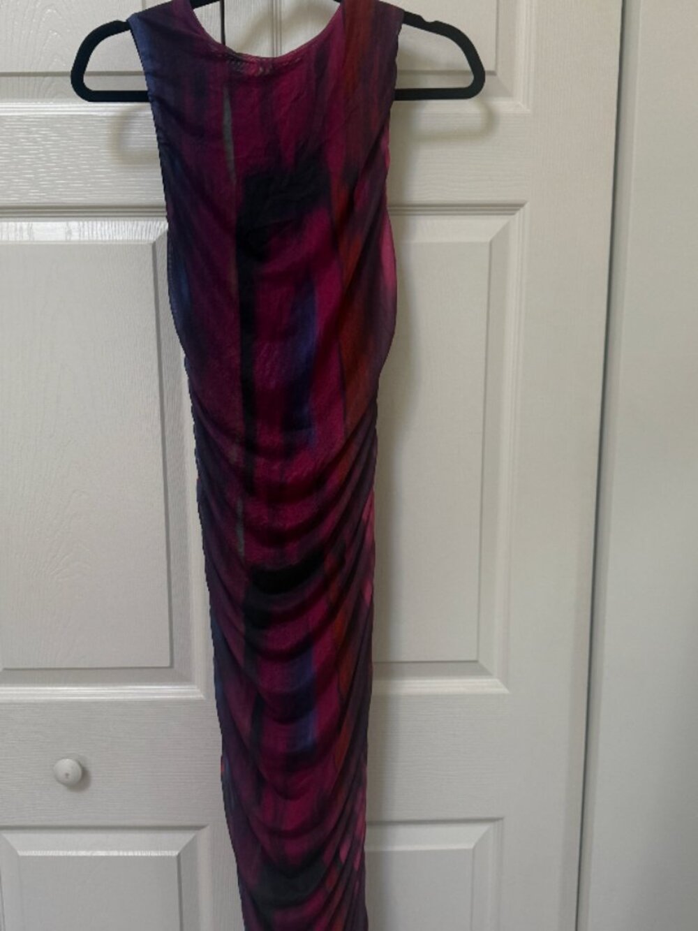 Purple Abstract Ruched Tulle Mesh Maxi Dress S